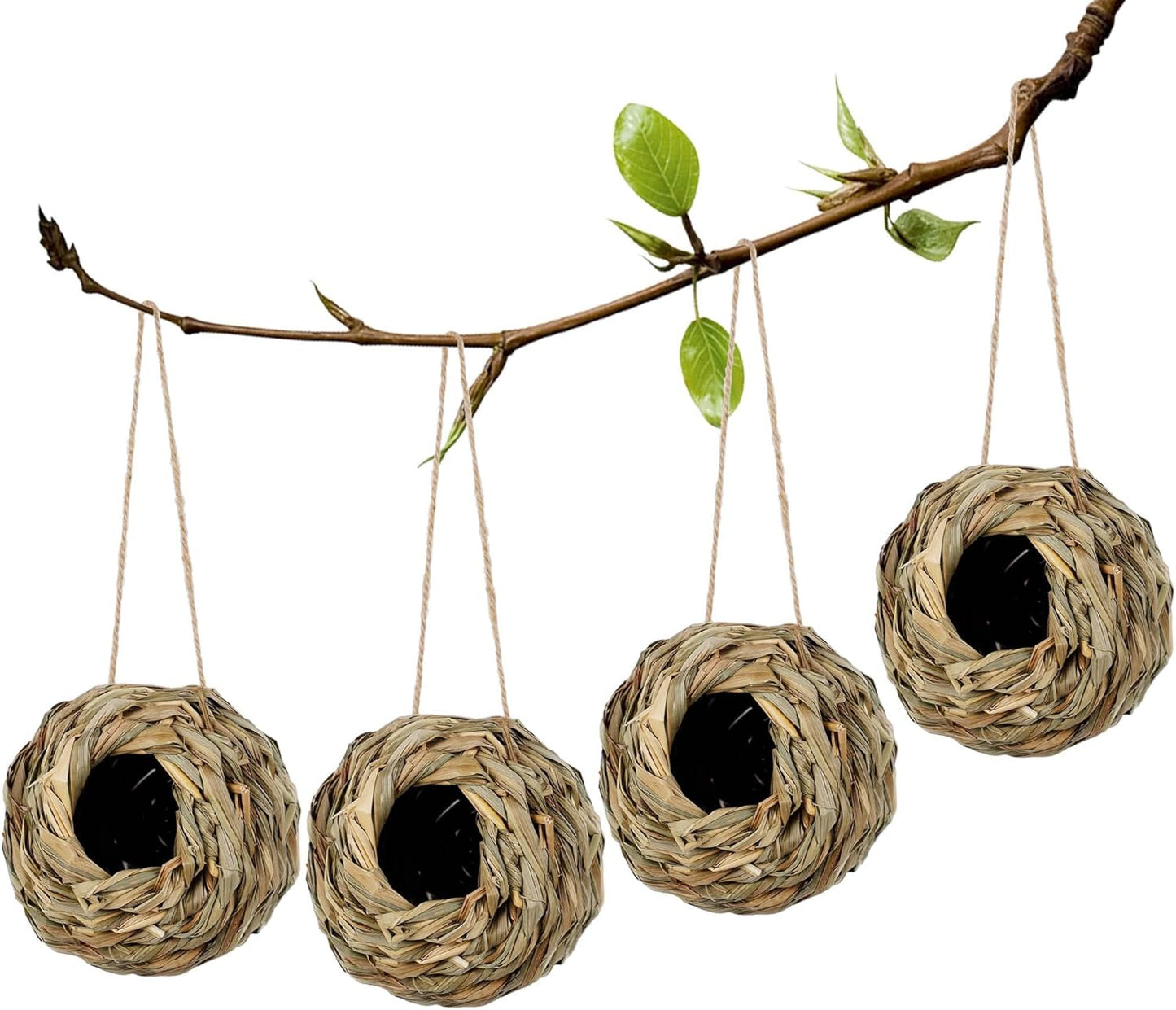 4 Pack Natural Grass Bird Nest – Handwoven Hanging Birdhouse for Small Birds, Breathable & Eco-Friendly Hut for Balcony, Garden, or Cage