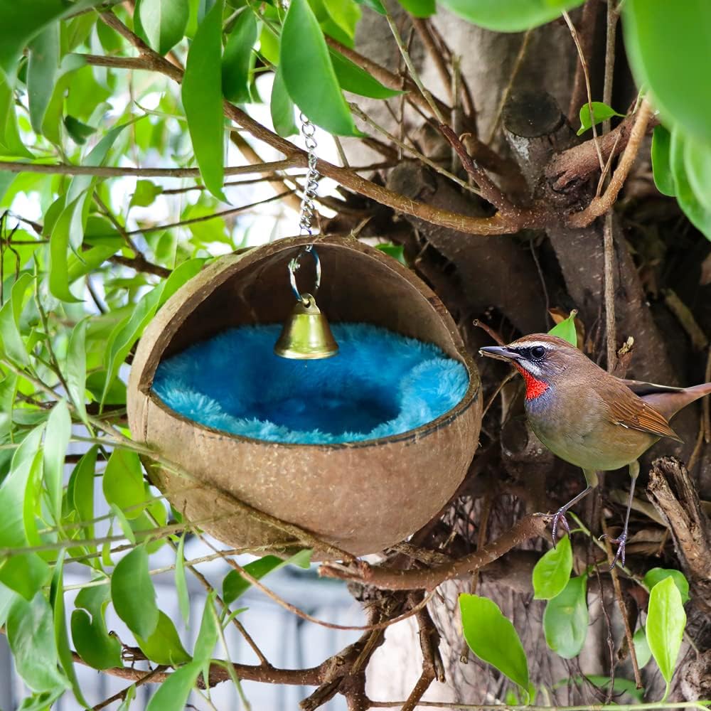 2 PCS Coconut Shell Hanging Bird Nest with Plush Mat & Bell – Cozy Cage House for Small Birds Resting, Playing & Breeding