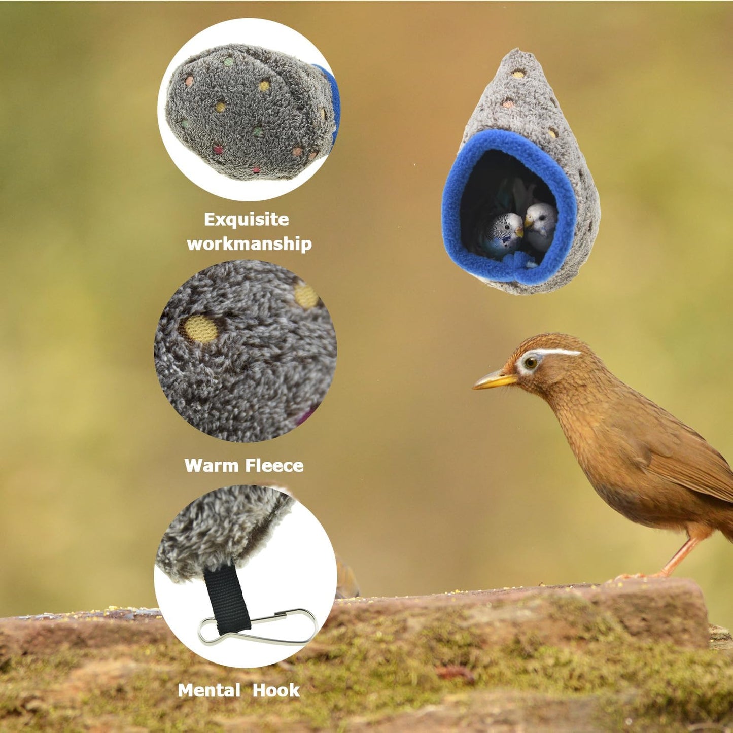 6.2-inch Hanging Bird Nest – Soft Fleece, Warm & Comfortable for Small Birds