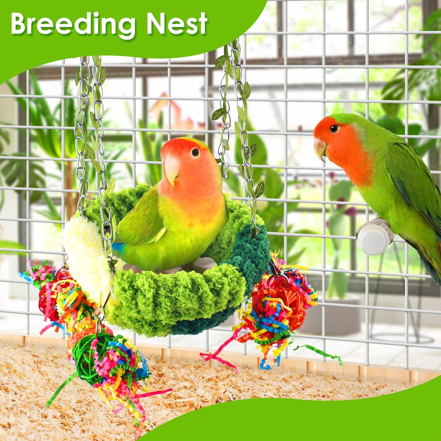 Hanging Bird Nest Basket – With Leaf Decor, Toys & Velvet Lining, Perfect for Small Birds