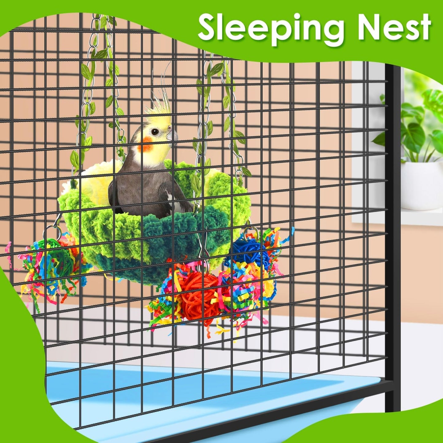 Hanging Bird Nest Basket – With Leaf Decor, Toys & Velvet Lining, Perfect for Small Birds
