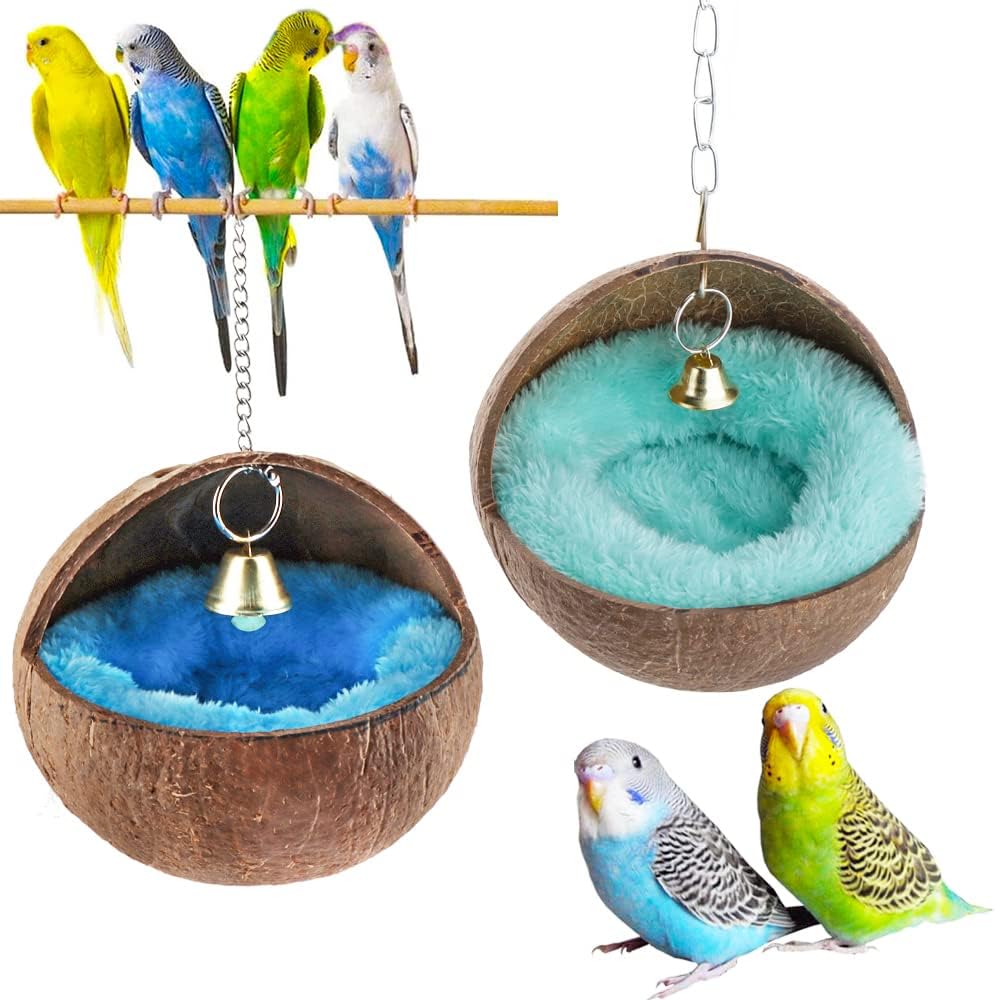 2 PCS Coconut Shell Hanging Bird Nest with Plush Mat & Bell – Cozy Cage House for Small Birds Resting, Playing & Breeding