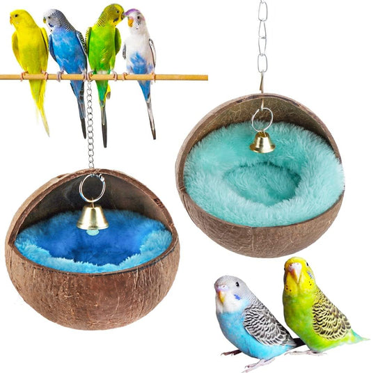 2 PCS Coconut Shell Hanging Bird Nest with Plush Mat & Bell – Cozy Cage House for Small Birds Resting, Playing & Breeding