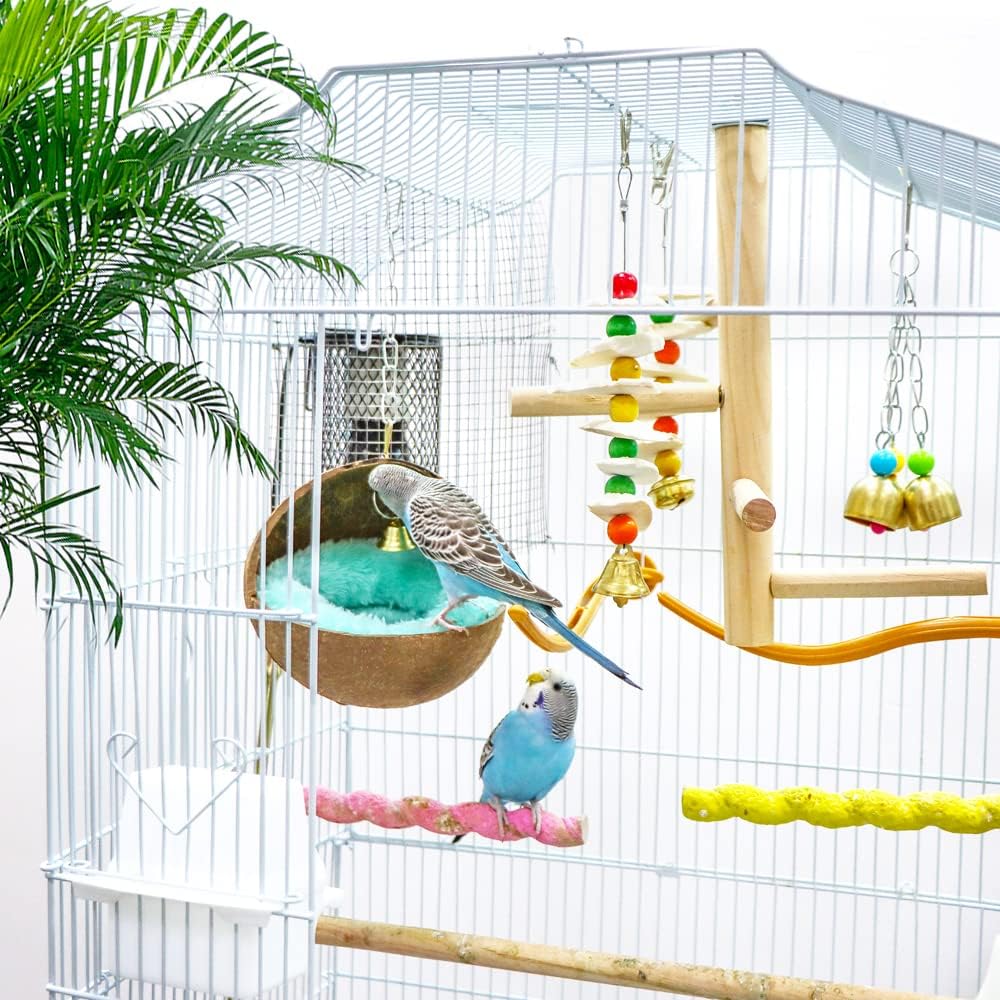 2 PCS Coconut Shell Hanging Bird Nest with Plush Mat & Bell – Cozy Cage House for Small Birds Resting, Playing & Breeding