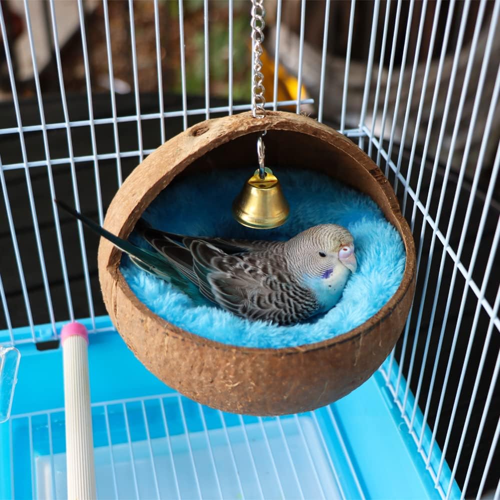 2 PCS Coconut Shell Hanging Bird Nest with Plush Mat & Bell – Cozy Cage House for Small Birds Resting, Playing & Breeding