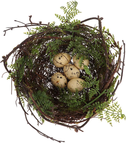 20cm Decorative Bird Nest – Handwoven Twig Nest with Green Leaves and Artificial Eggs for Home & Garden Decor