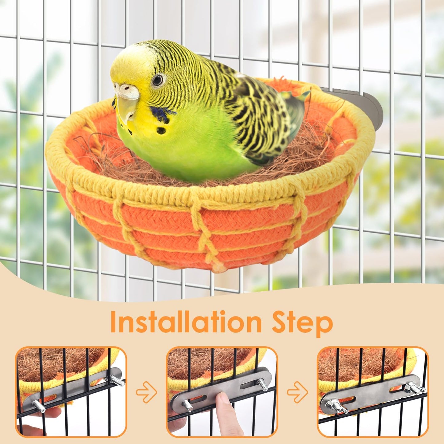 Bird Nest with Fixing Kit – Cotton Rope & Coconut Fiber Lining, Secure Breeding Hut for Small Birds