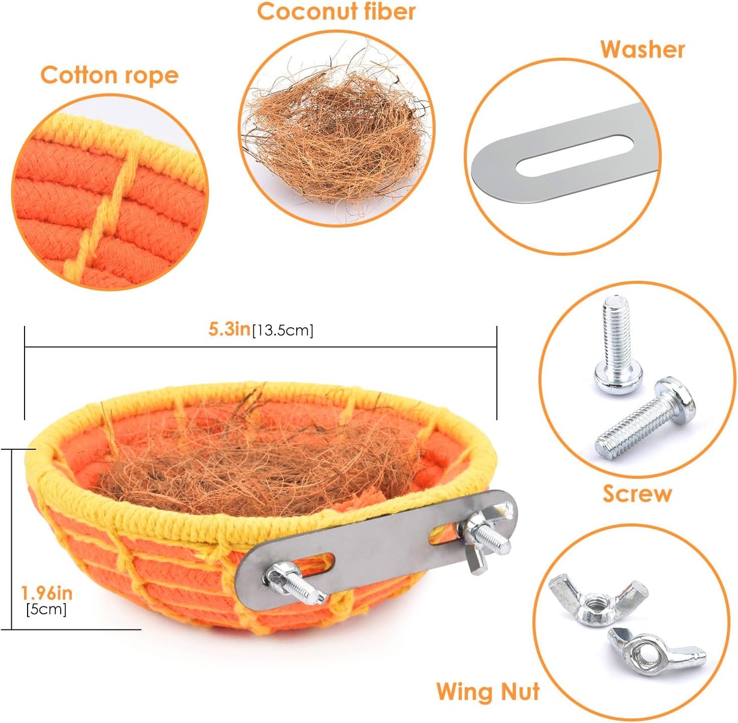 Bird Nest with Fixing Kit – Cotton Rope & Coconut Fiber Lining, Secure Breeding Hut for Small Birds