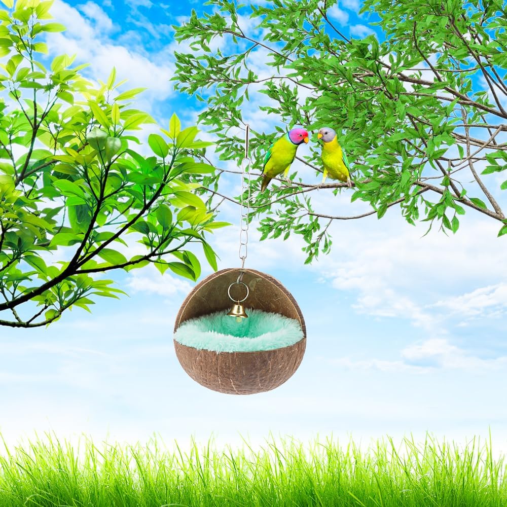 2 PCS Coconut Shell Hanging Bird Nest with Plush Mat & Bell – Cozy Cage House for Small Birds Resting, Playing & Breeding