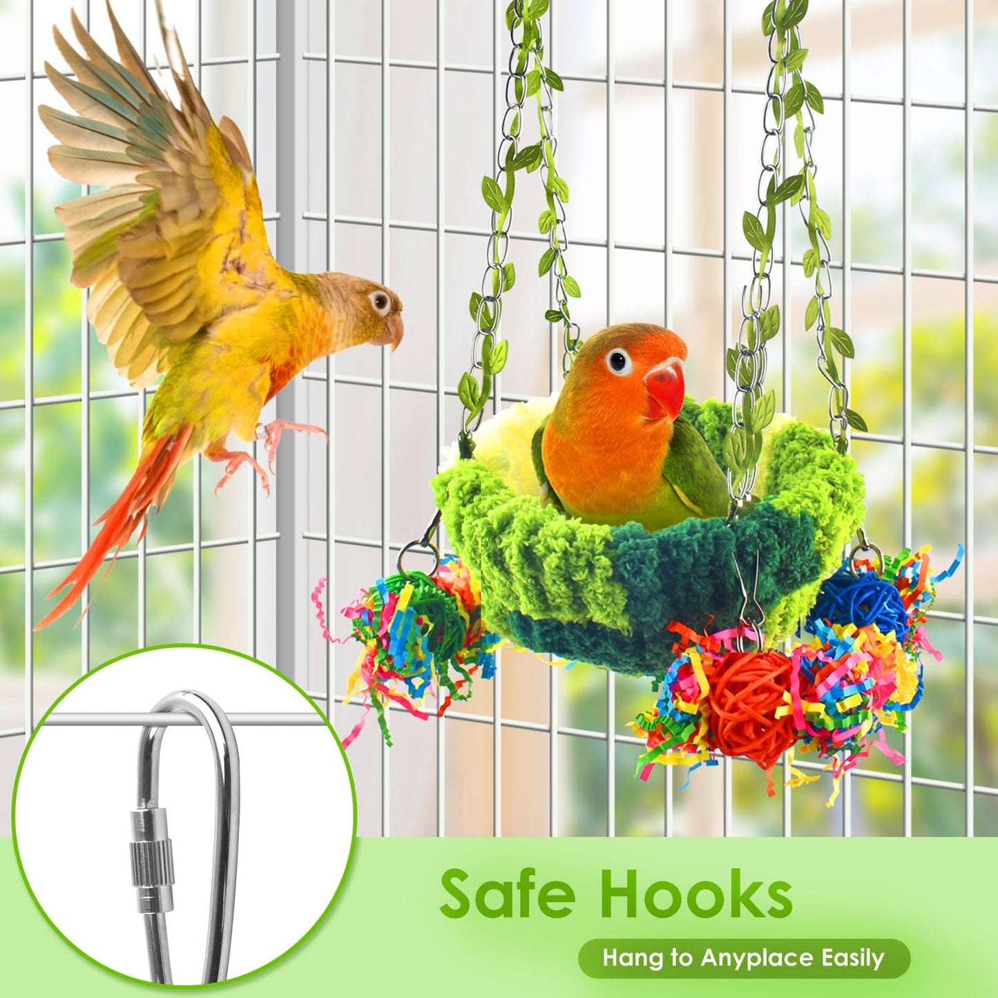Hanging Bird Nest Basket – With Leaf Decor, Toys & Velvet Lining, Perfect for Small Birds