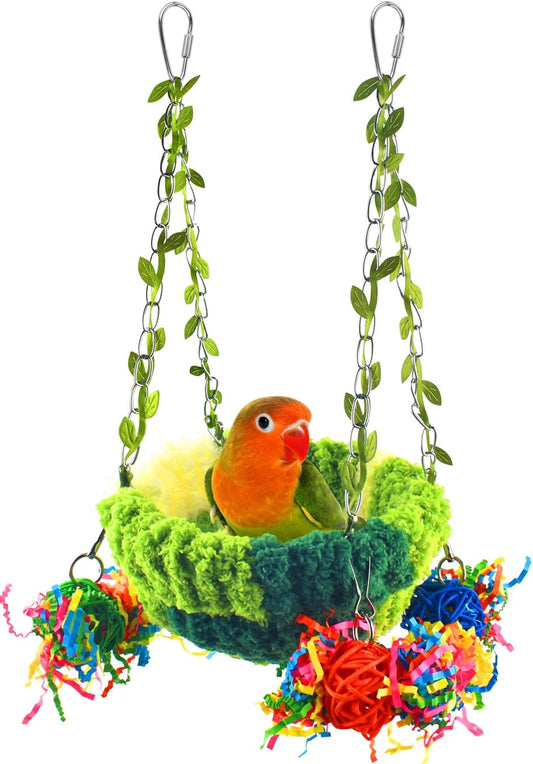Hanging Bird Nest Basket – With Leaf Decor, Toys & Velvet Lining, Perfect for Small Birds