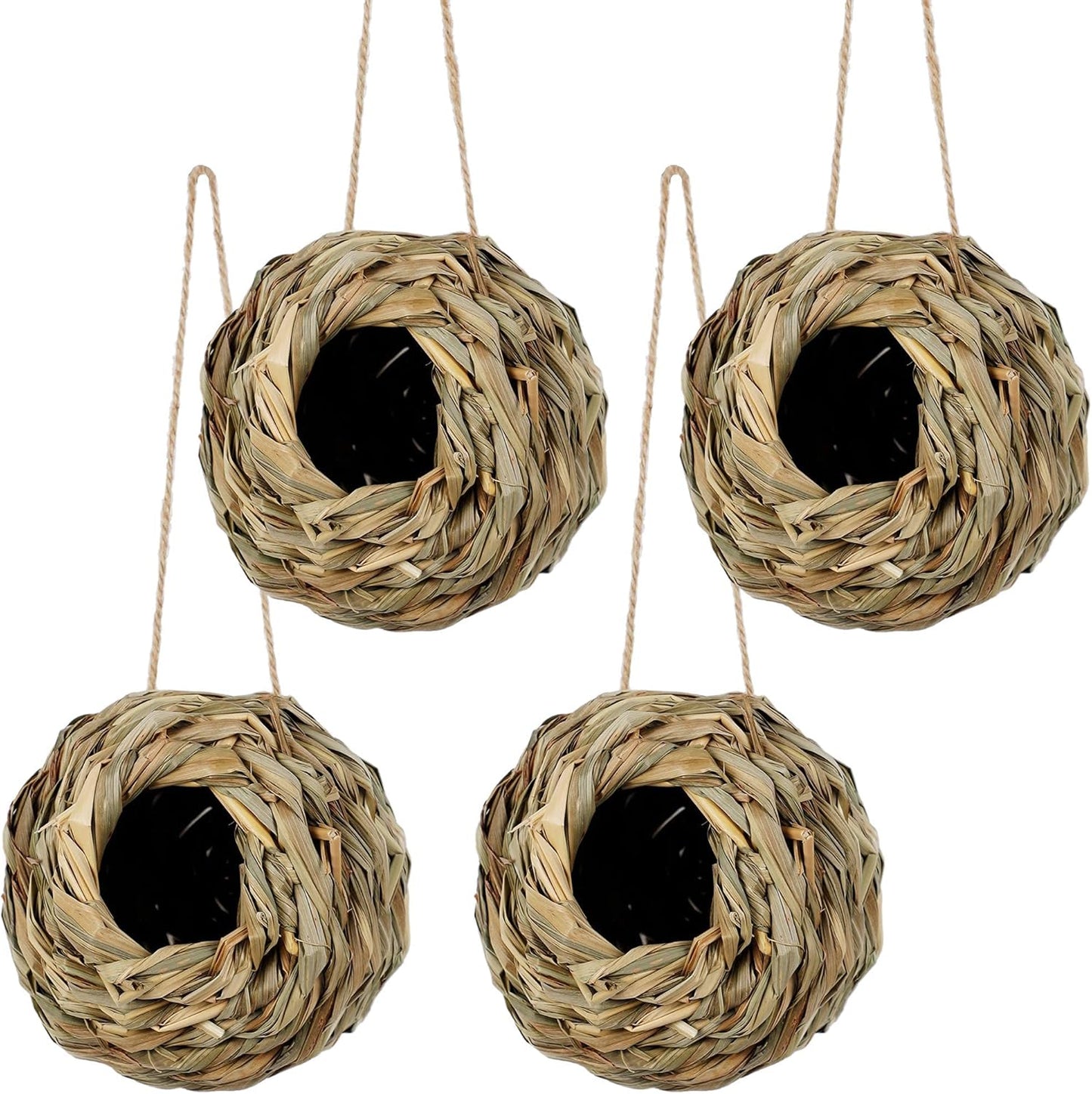 4 Pack Natural Grass Bird Nest – Handwoven Hanging Birdhouse for Small Birds, Breathable & Eco-Friendly Hut for Balcony, Garden, or Cage