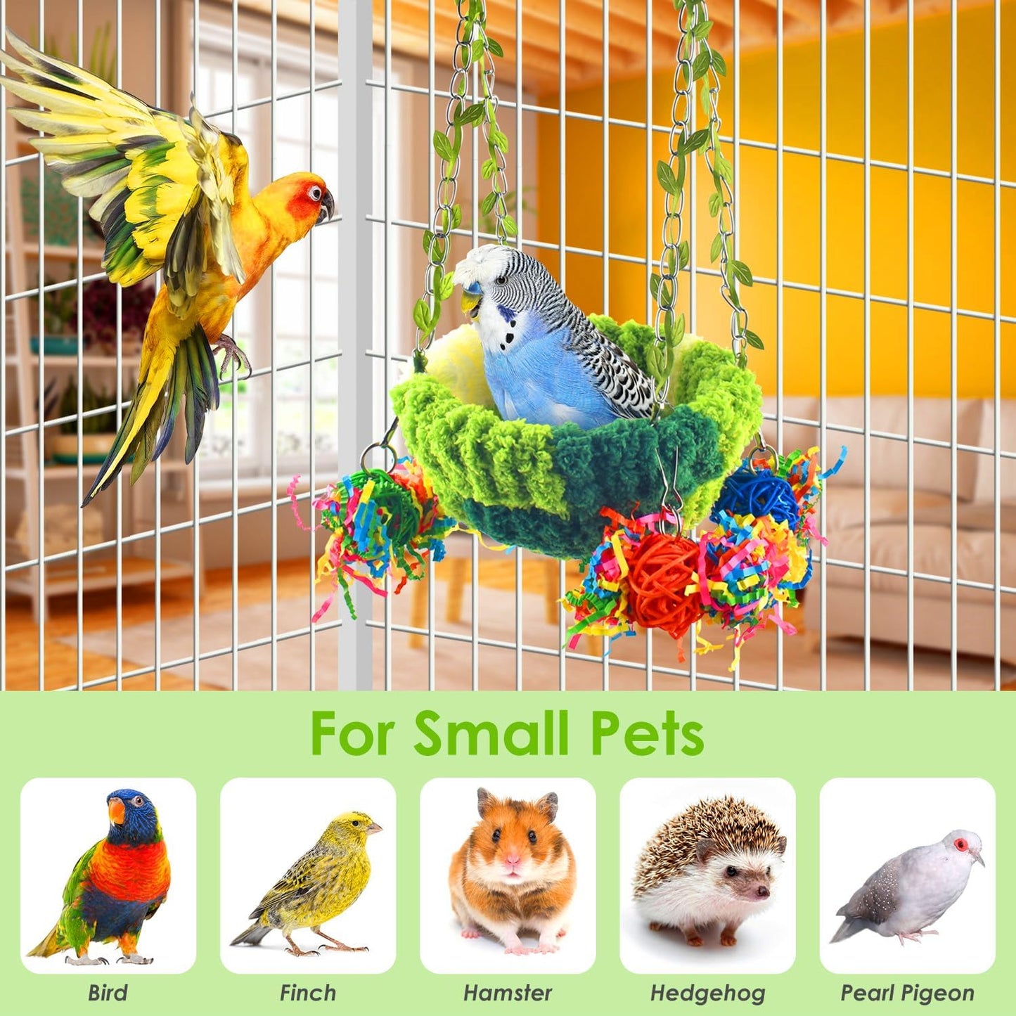 Hanging Bird Nest Basket – With Leaf Decor, Toys & Velvet Lining, Perfect for Small Birds