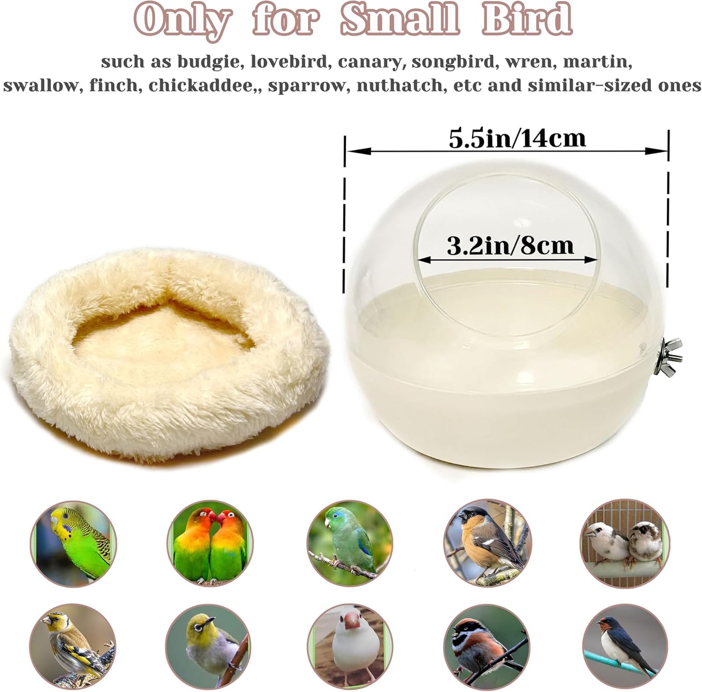 Small Bird Transparent Nest with Plush Mat – 14cm Cozy Warm Bird House for Resting & Breeding