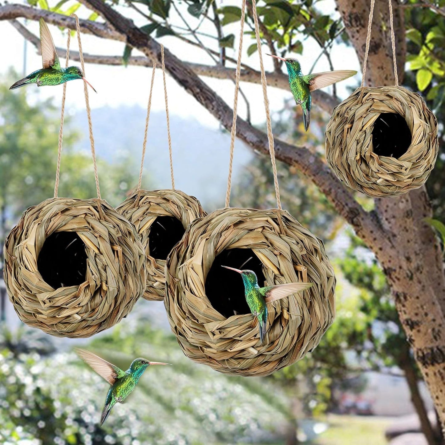 4 Pack Natural Grass Bird Nest – Handwoven Hanging Birdhouse for Small Birds, Breathable & Eco-Friendly Hut for Balcony, Garden, or Cage