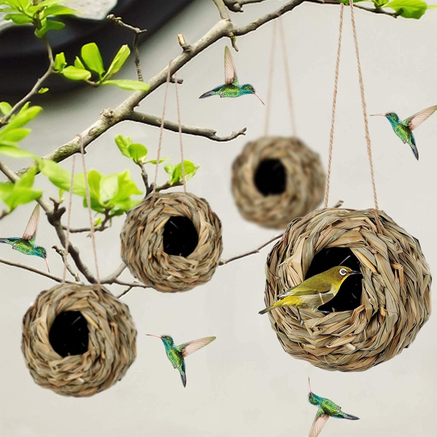4 Pack Natural Grass Bird Nest – Handwoven Hanging Birdhouse for Small Birds, Breathable & Eco-Friendly Hut for Balcony, Garden, or Cage