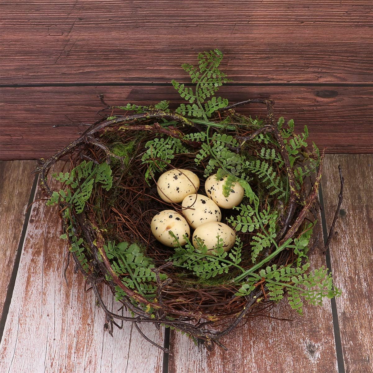 20cm Decorative Bird Nest – Handwoven Twig Nest with Green Leaves and Artificial Eggs for Home & Garden Decor