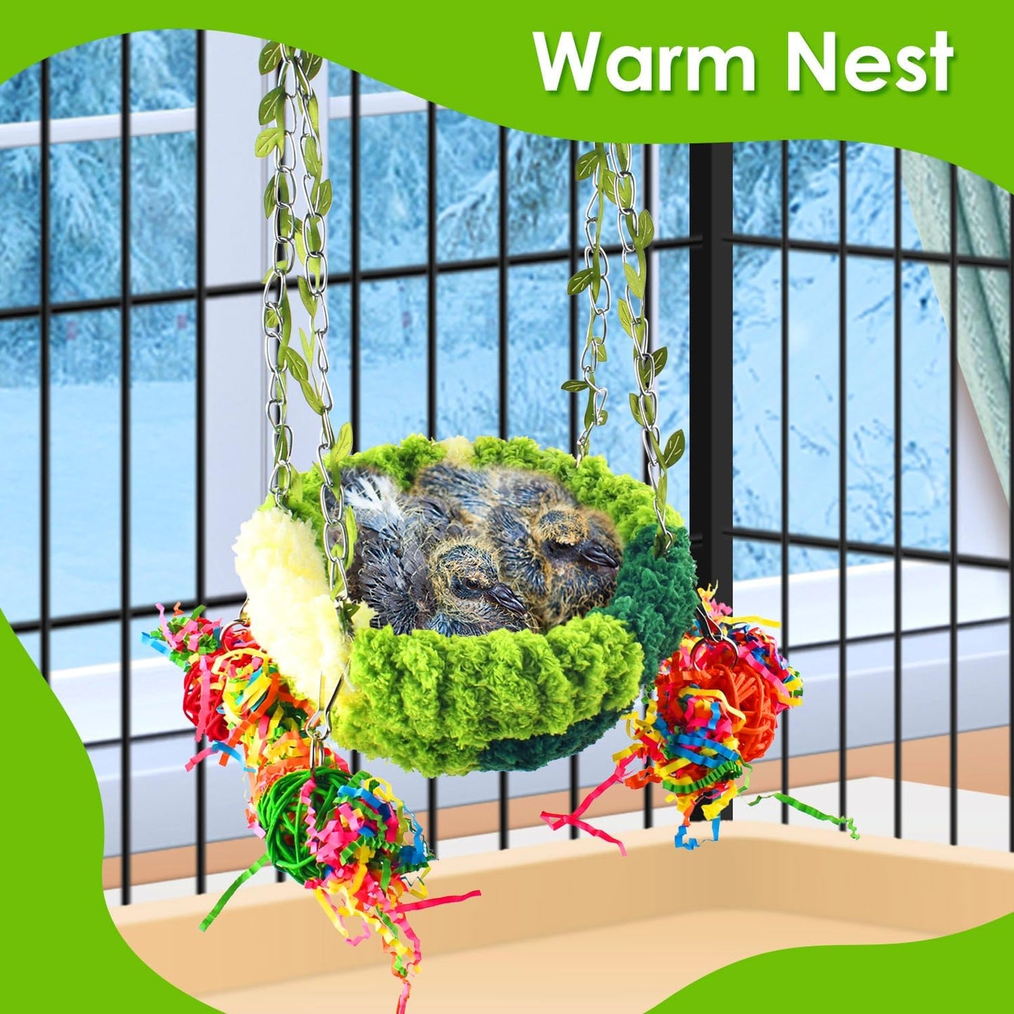 Hanging Bird Nest Basket – With Leaf Decor, Toys & Velvet Lining, Perfect for Small Birds